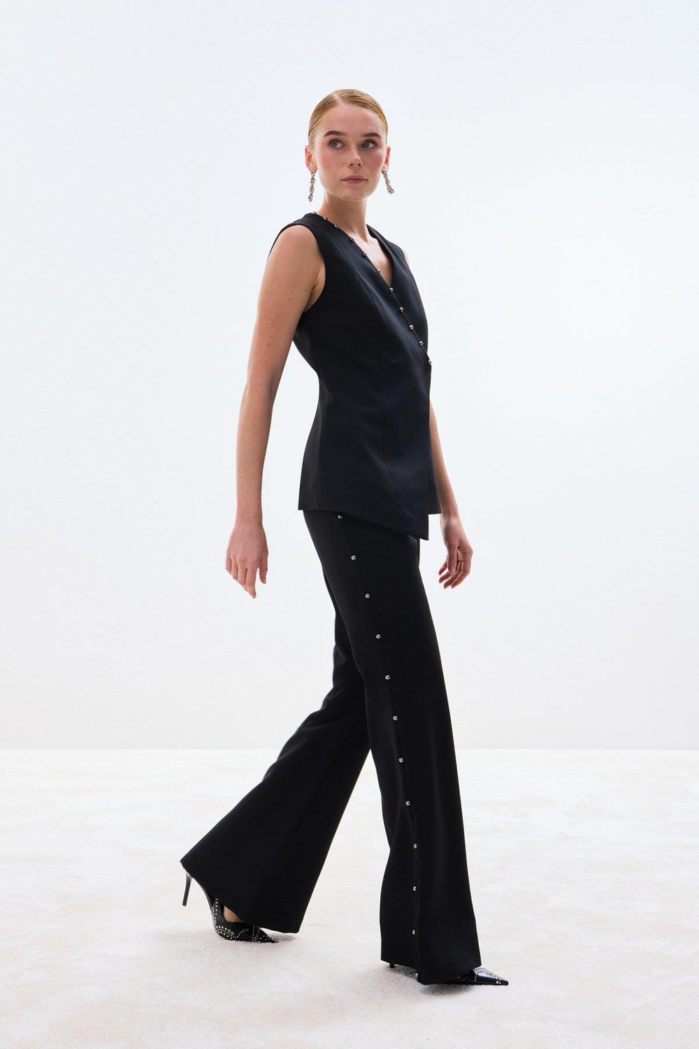 Wholesale Womens Black Flared Trousers with Pearl Embellishment on the Sides