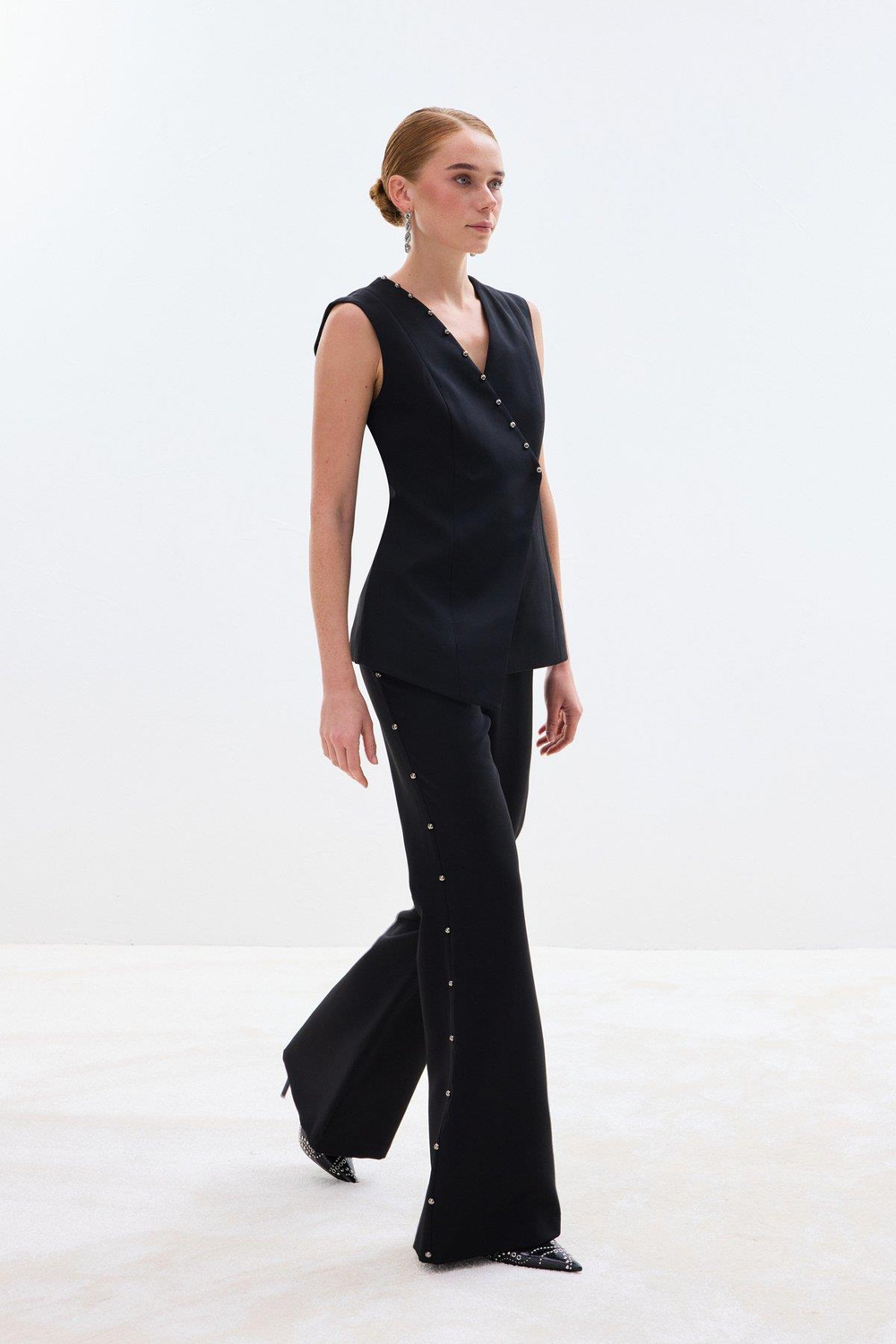 Wholesale Womens Black Flared Trousers with Pearl Embellishment on the Sides