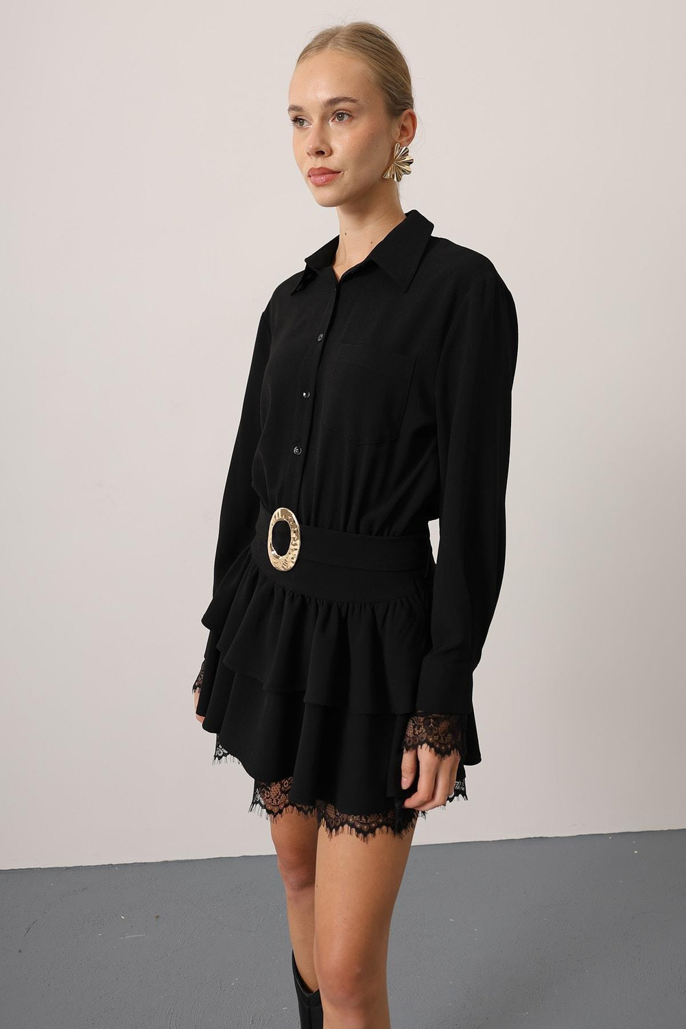 Wholesale Womens Black Lace Mini Dress with Belt