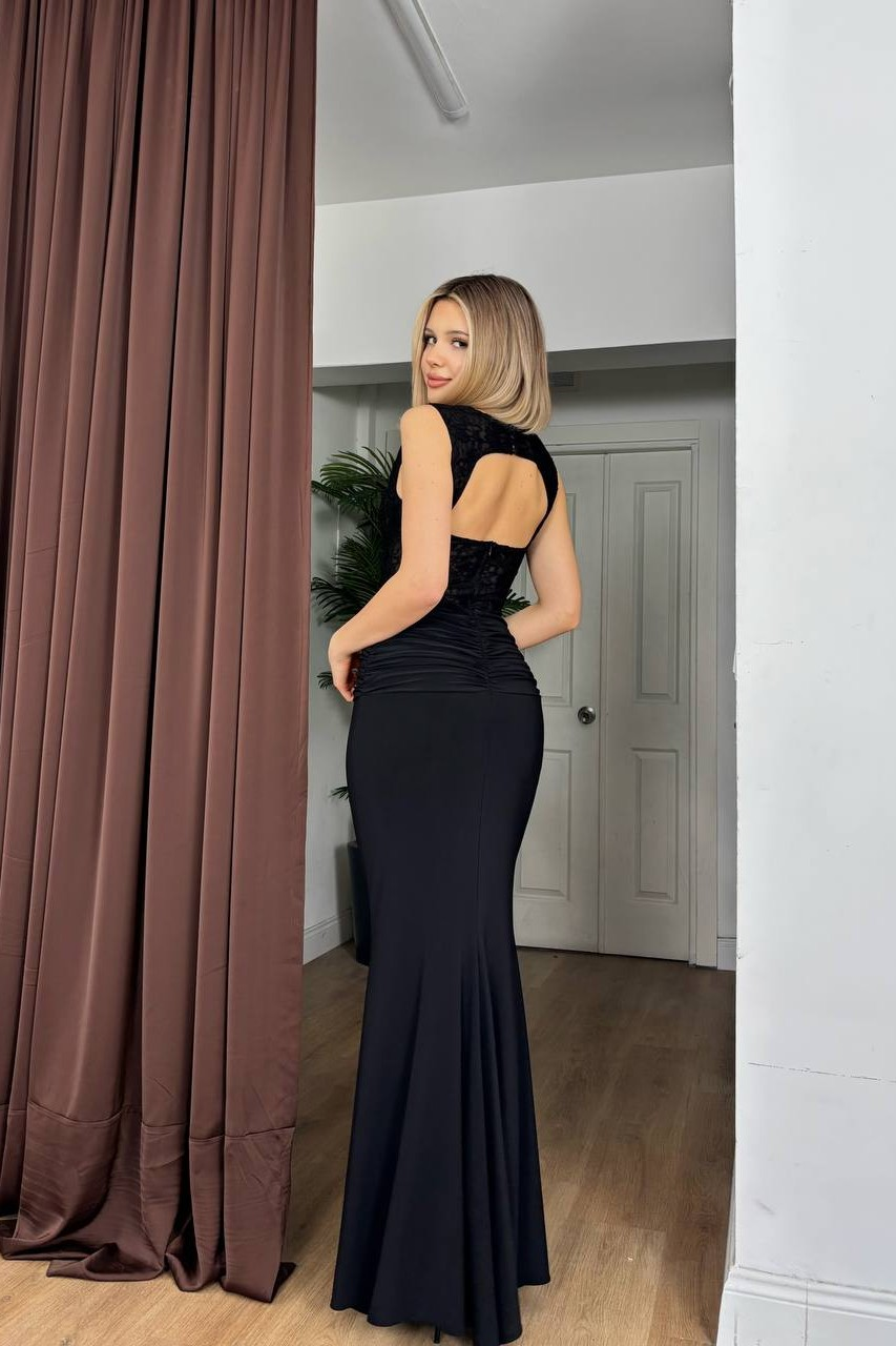 Wholesale Womens Black Lace Satin Backless Maxi Dress