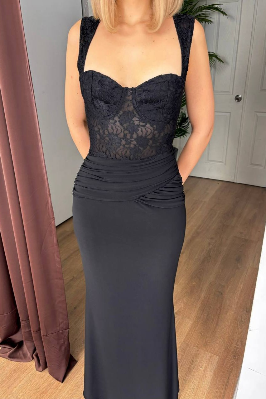 Wholesale Womens Black Lace Satin Backless Maxi Dress