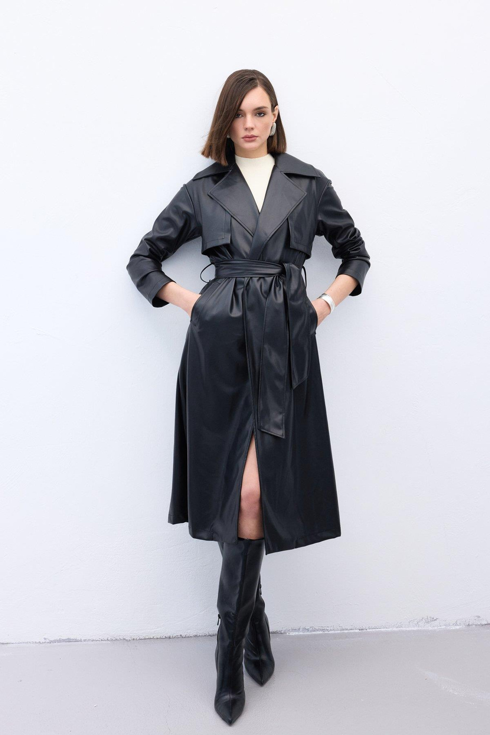 Wholesale Womens Black Leather Trench Coat