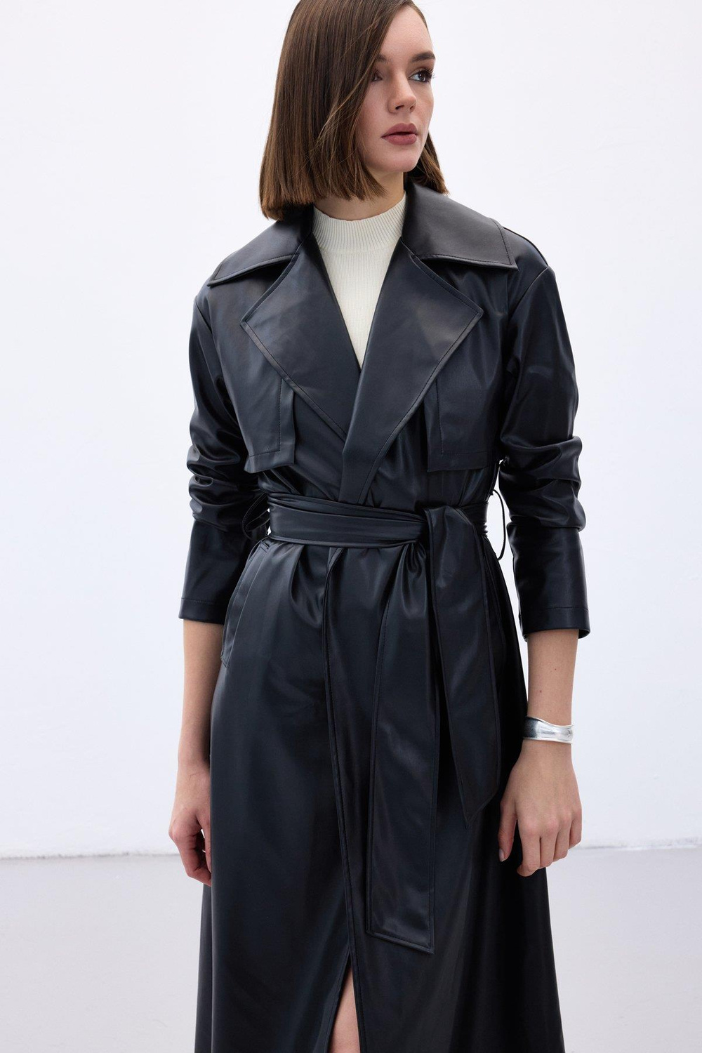 Wholesale Womens Black Leather Trench Coat