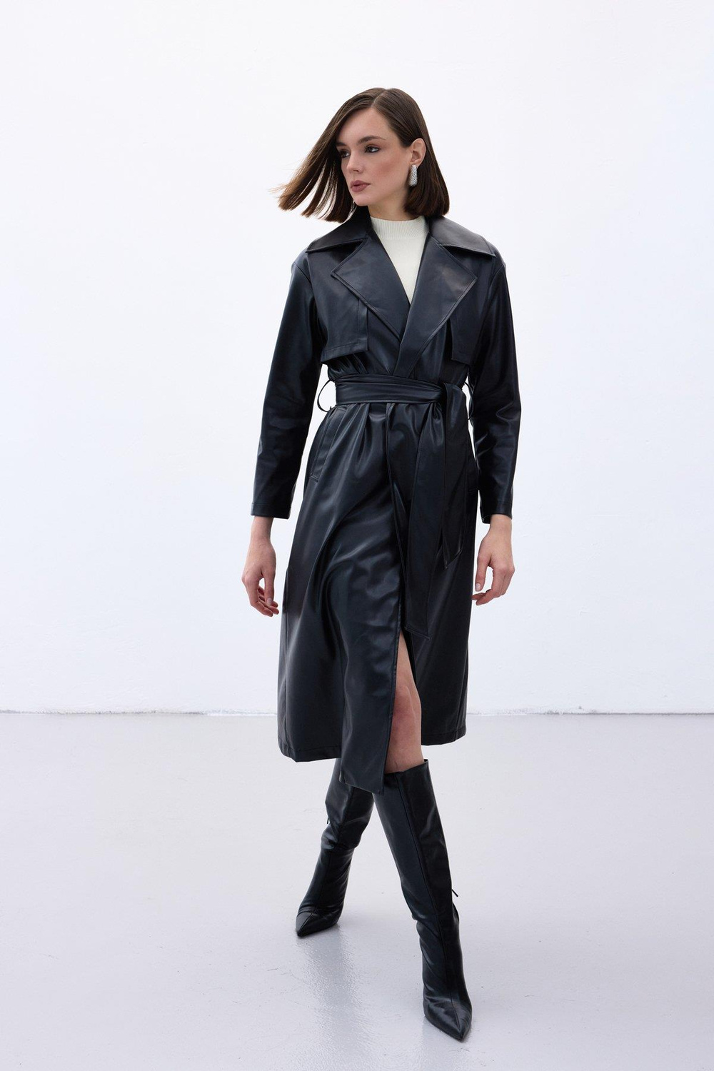 Wholesale Womens Black Leather Trench Coat