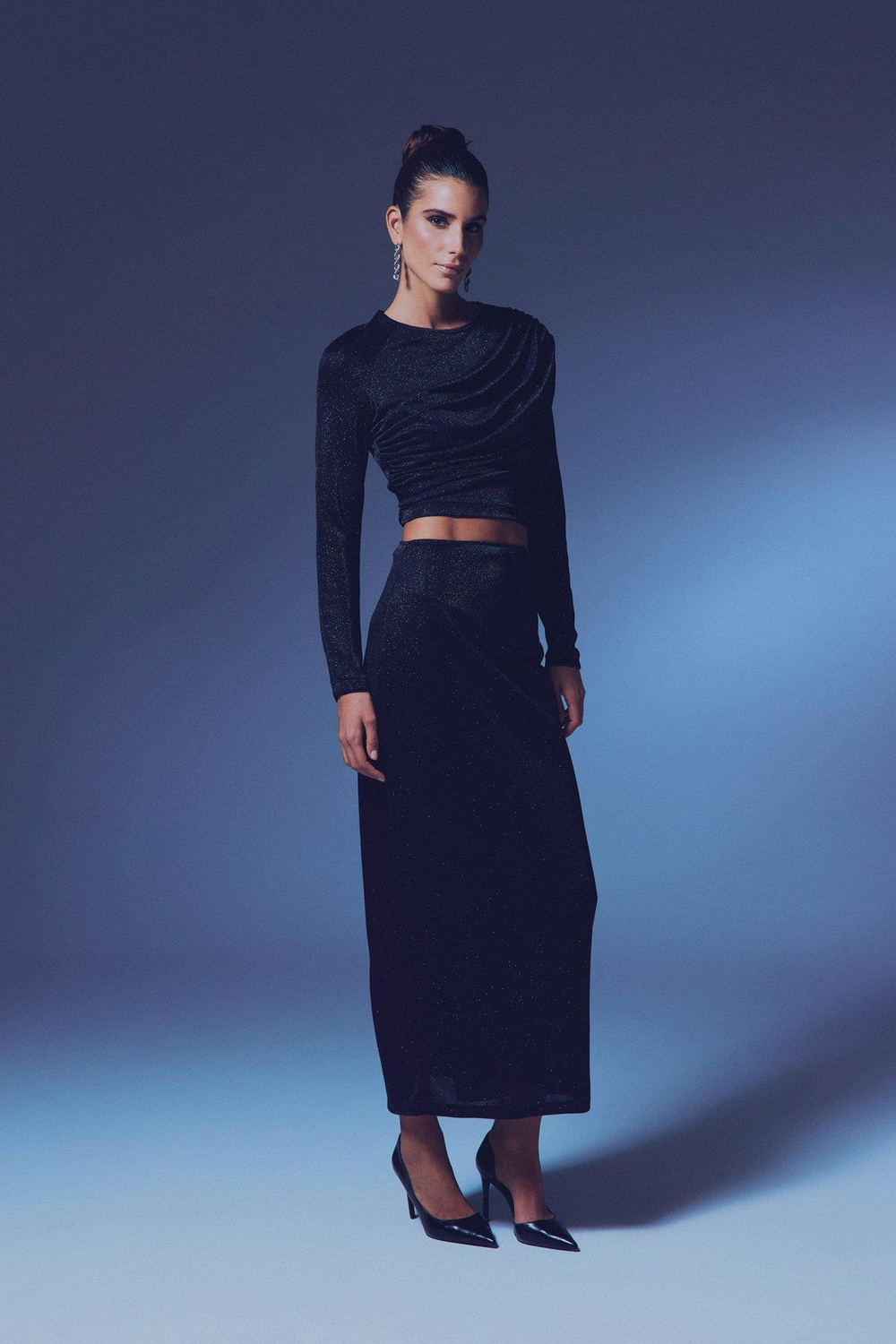 Wholesale Womens Black Lurex Maxi Skirt