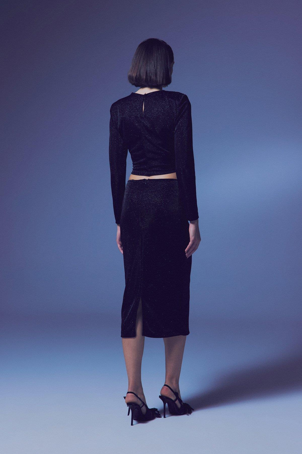 Wholesale Womens Black Lurex Midi Pencil Skirt