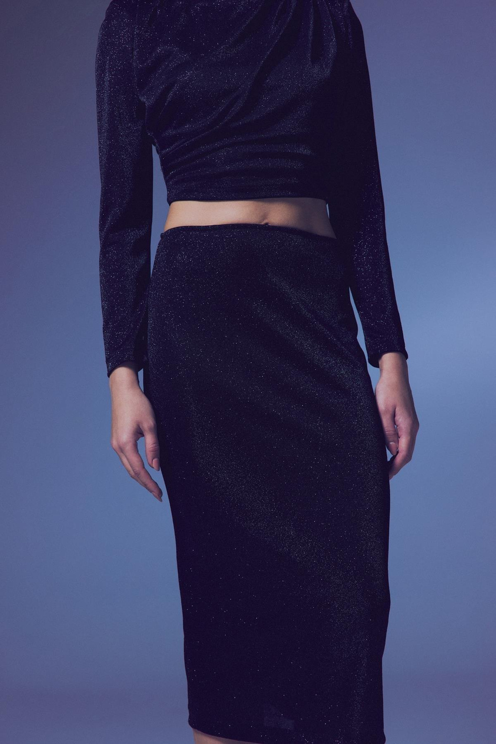 Wholesale Womens Black Lurex Midi Pencil Skirt