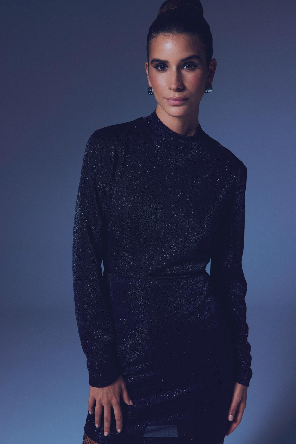 Wholesale Womens Black Lurex Mock-Neck Bodysuit with Long Sleeves