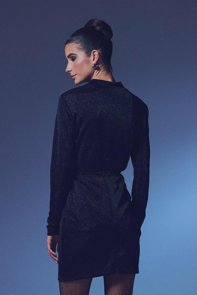 Wholesale Womens Black Lurex Mock-Neck Bodysuit with Long Sleeves