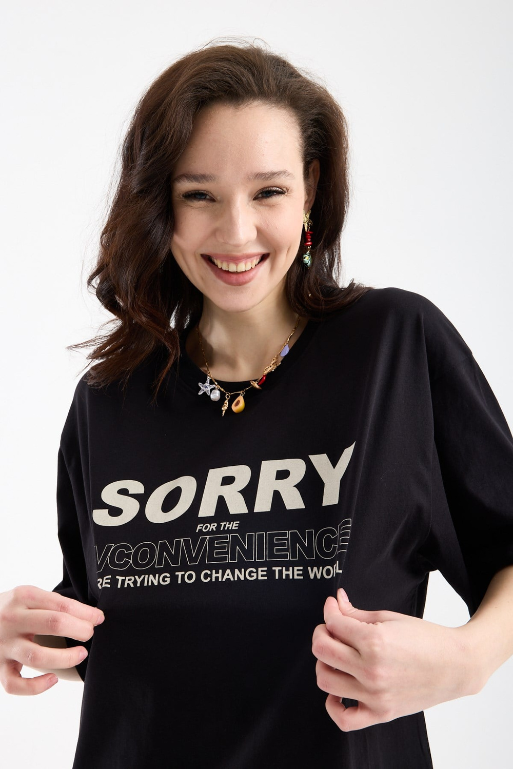 Wholesale Womens Black Oversized Printed T-Shirt
