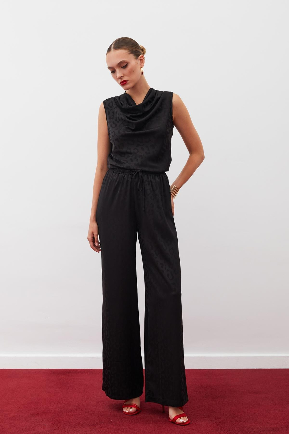 Wholesale Womens Black Patterned Trousers with Elastic Waist