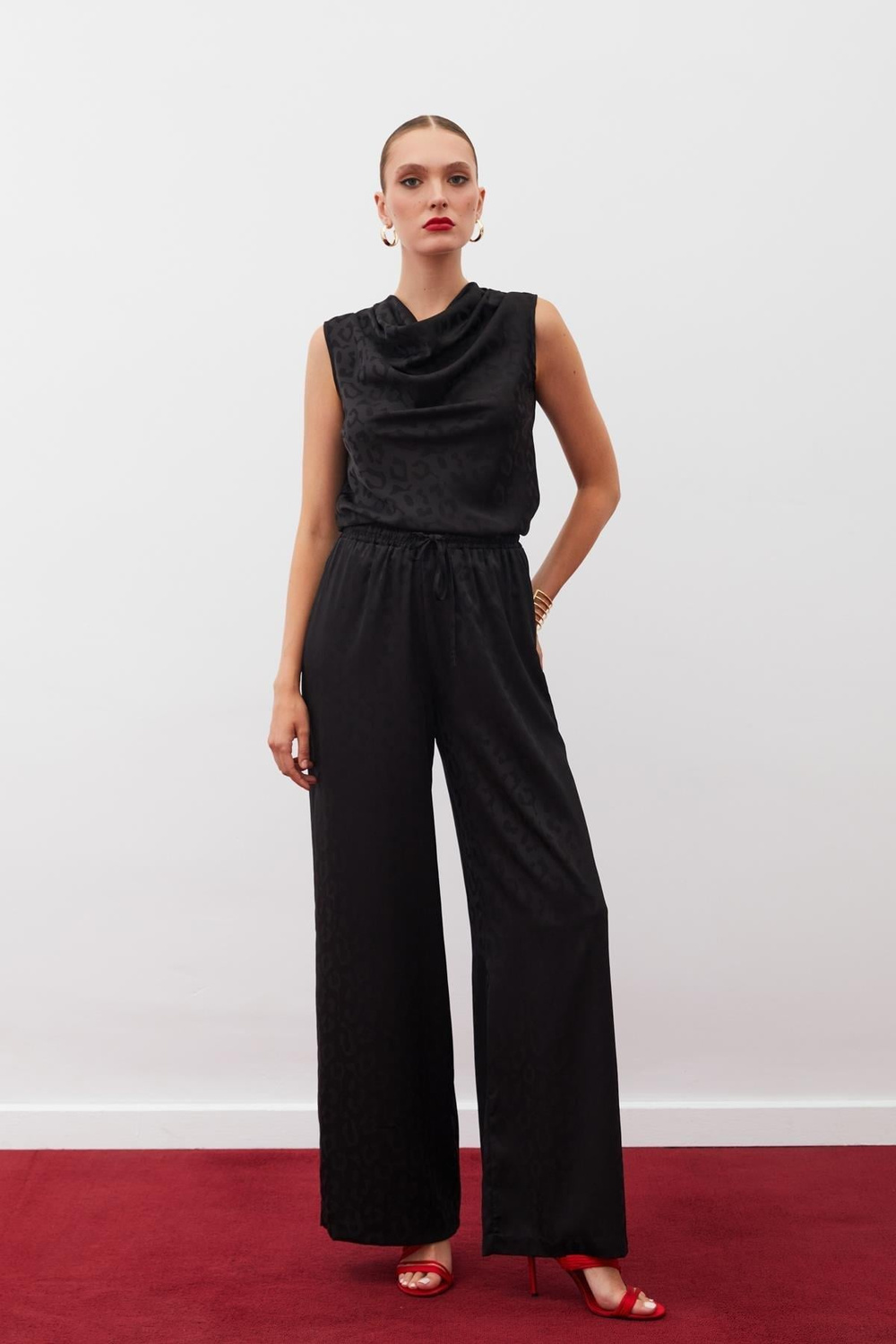 Wholesale Womens Black Patterned Trousers with Elastic Waist