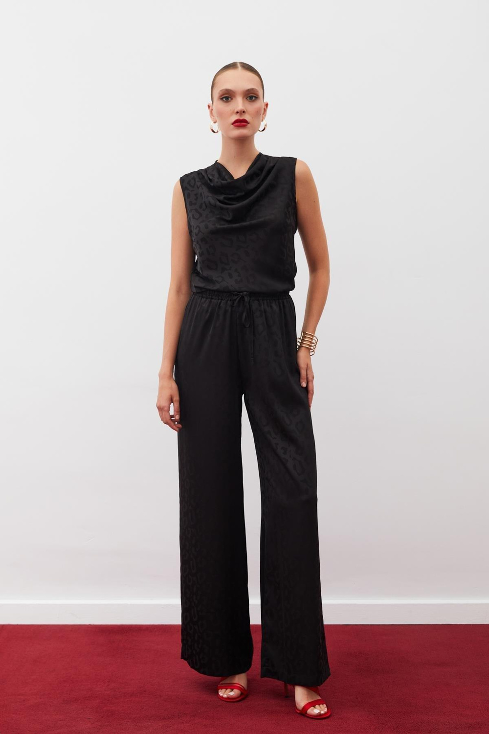 Wholesale Womens Black Patterned Trousers with Elastic Waist