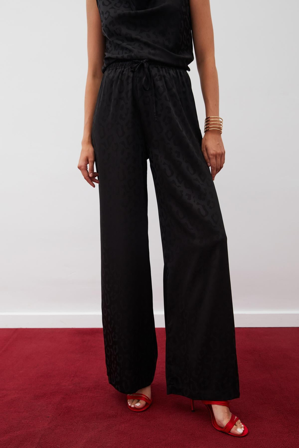 Wholesale Womens Black Patterned Trousers with Elastic Waist
