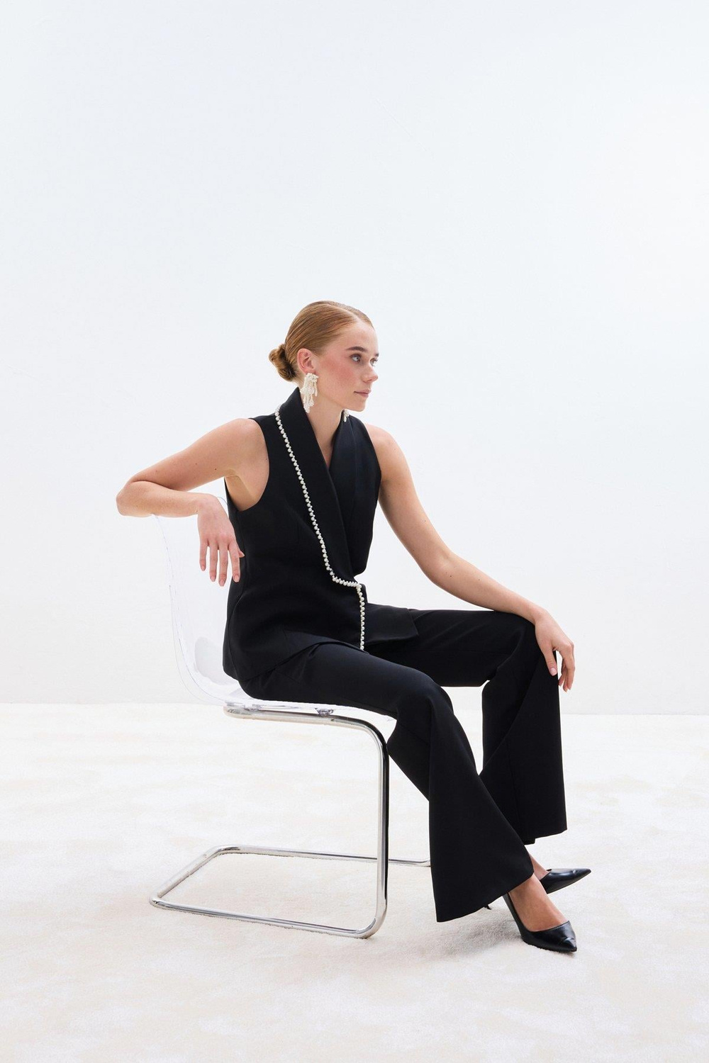 Wholesale Womens Black Pearl-Embellished Wrap Waistcoat