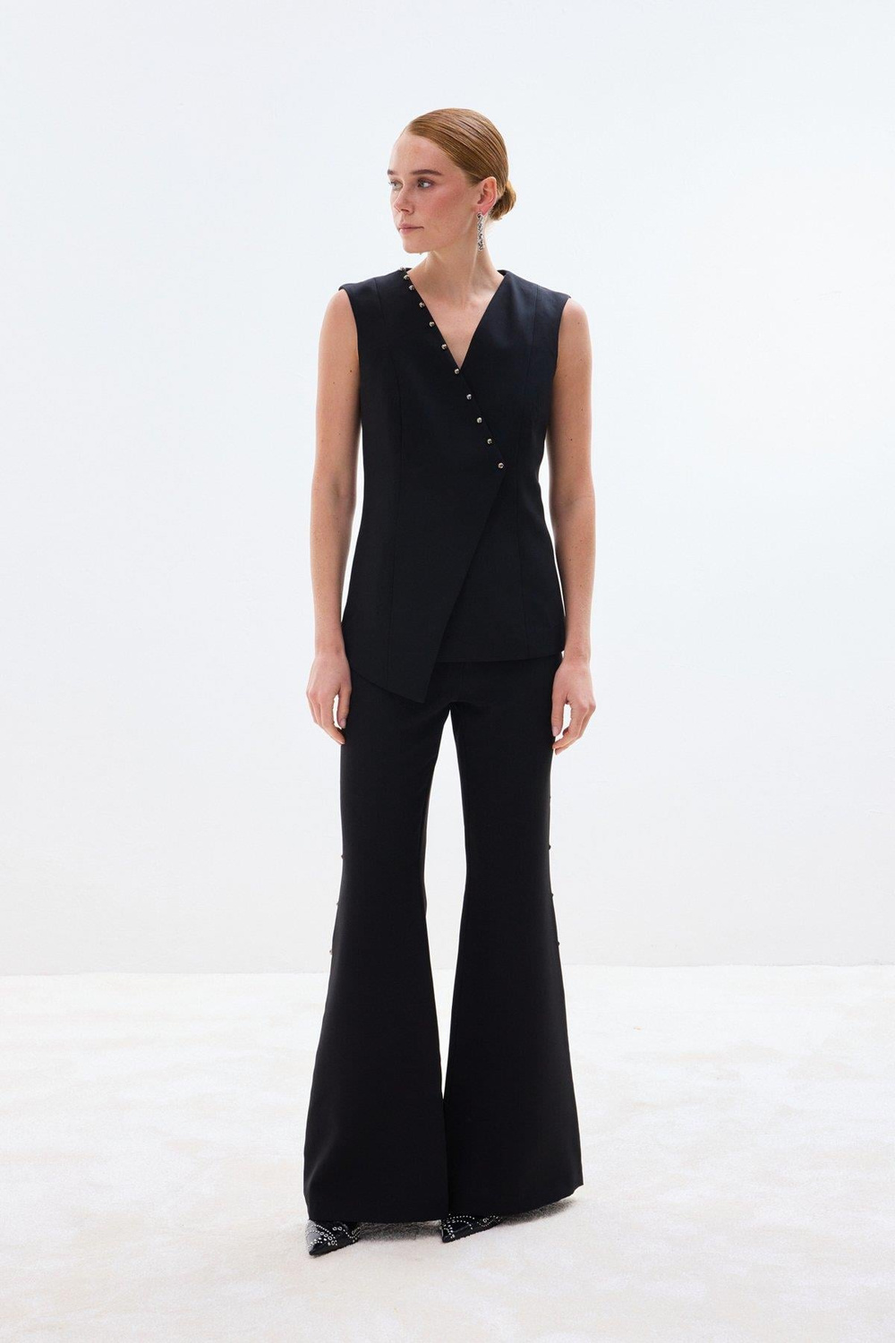 Wholesale Womens Black Pearl-Embellished Wrap Waistcoat