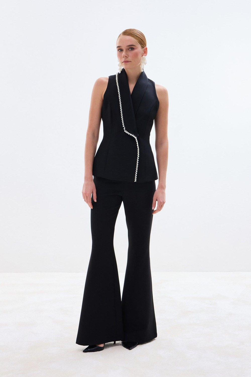 Wholesale Womens Black Pearl-Embellished Wrap Waistcoat