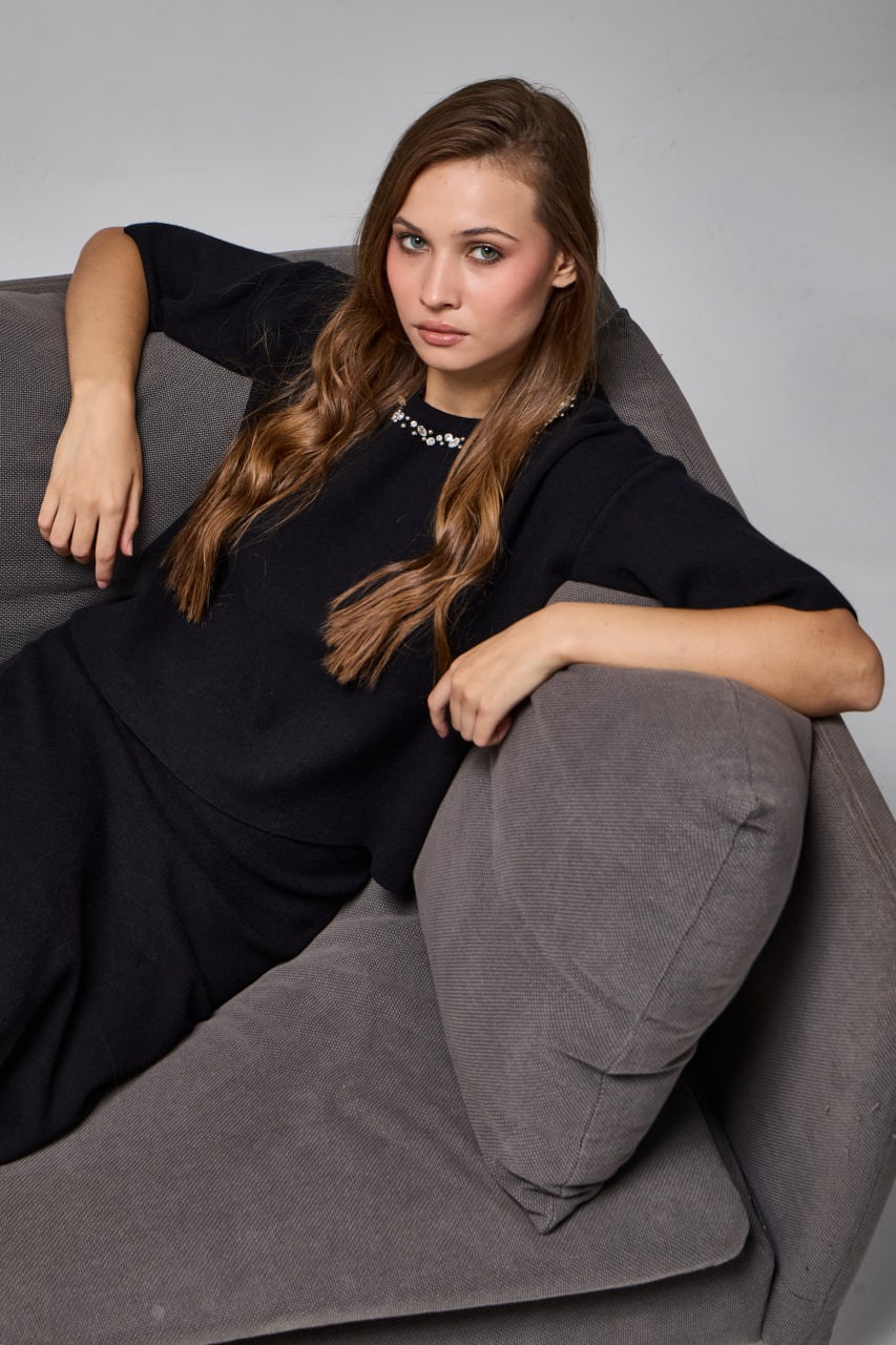Wholesale Womens Black Rhinestone-Embellished Viscose Knit Set