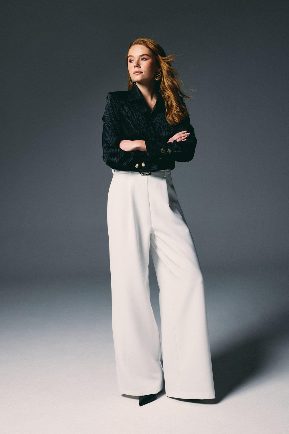 Wholesale Womens Black Satin Jacquard Shirt with Wide Buttoned Cuffs