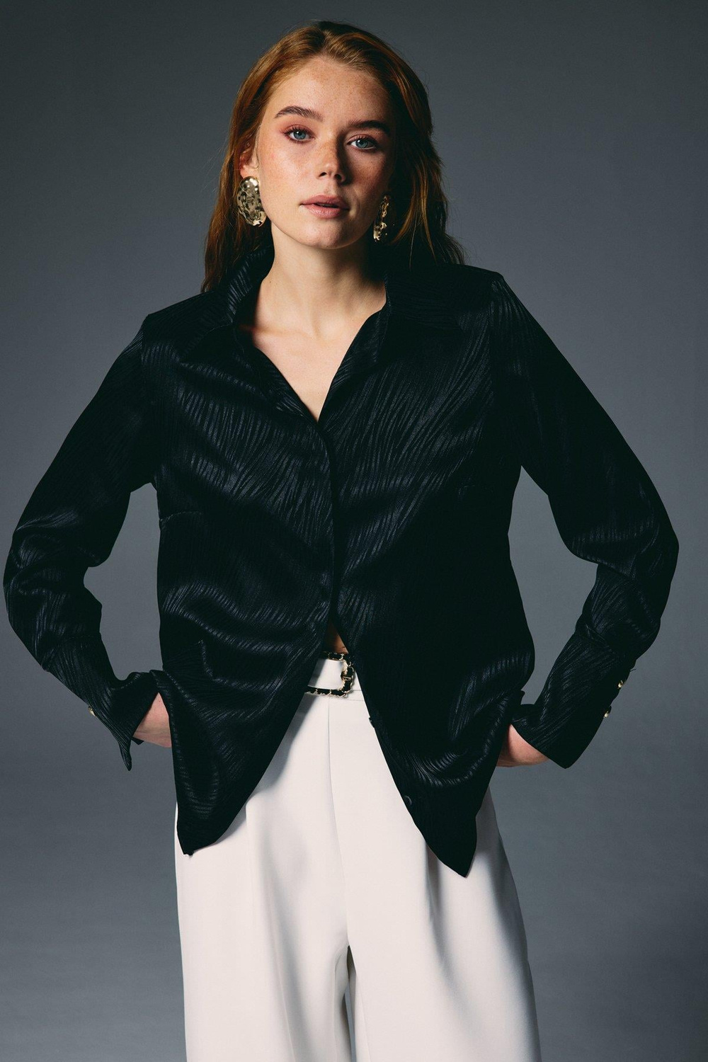 Wholesale Womens Black Satin Jacquard Shirt with Wide Buttoned Cuffs
