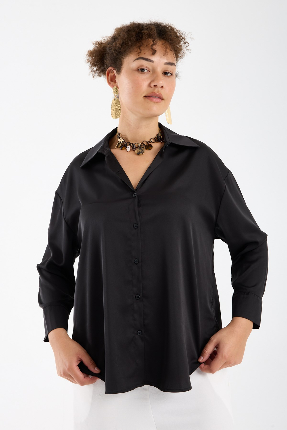 Wholesale Womens Black Satin Long-Sleeve Shirt