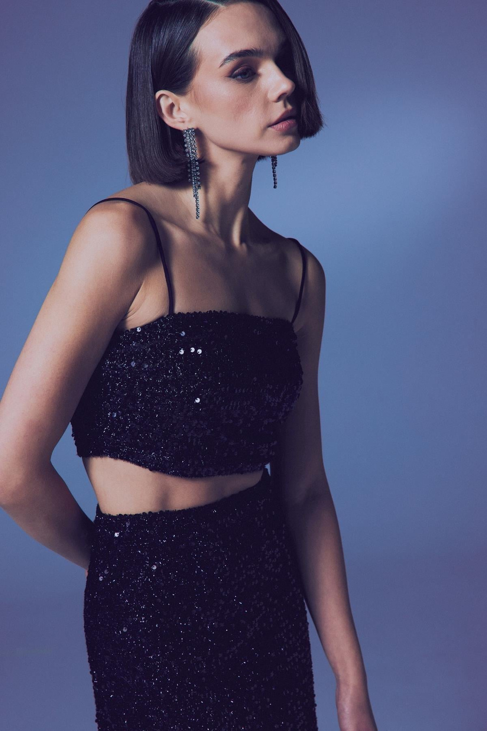 Wholesale Womens Black Sequined Strappy Crop Top