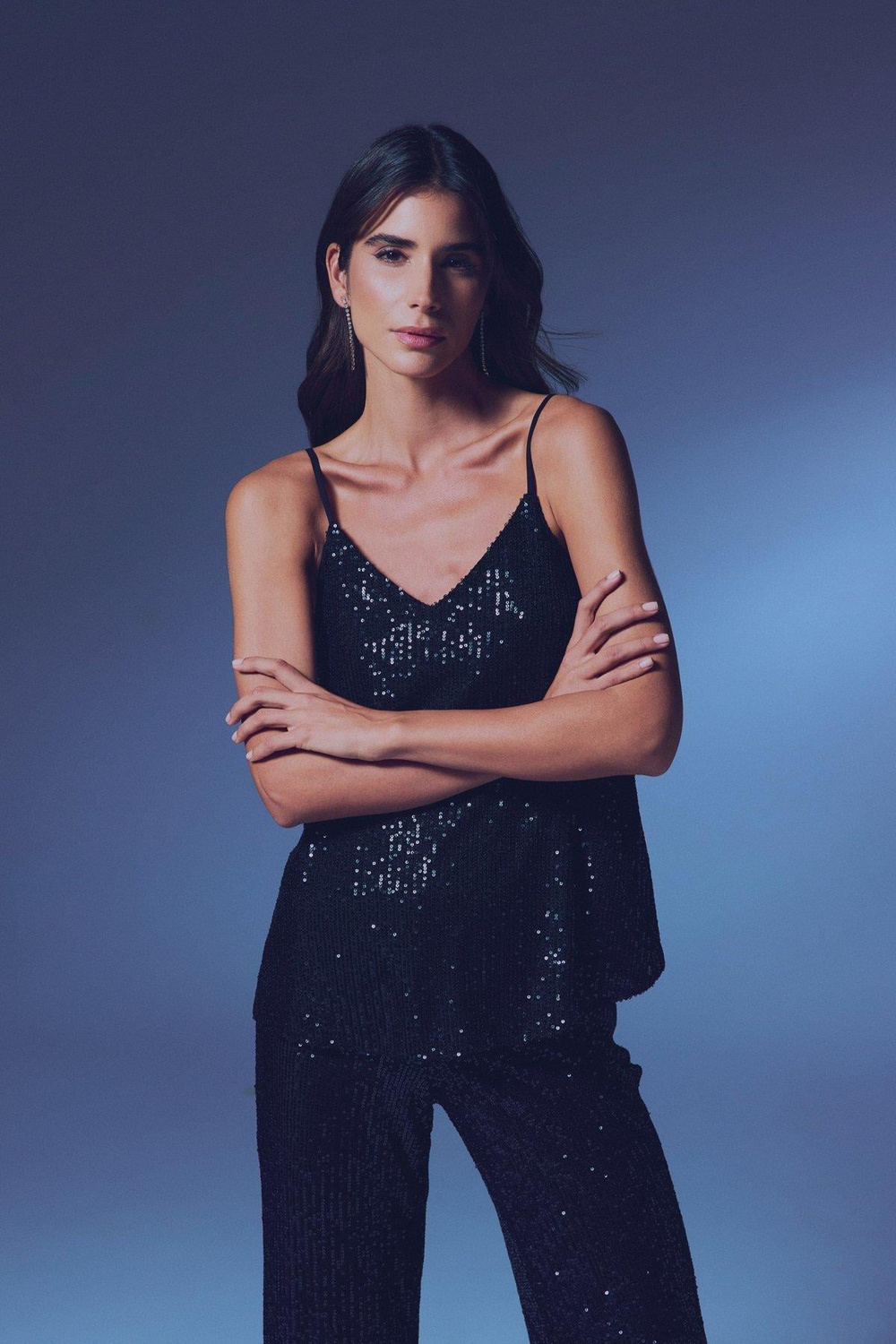 Wholesale Womens Black Sequined Strappy Blouse