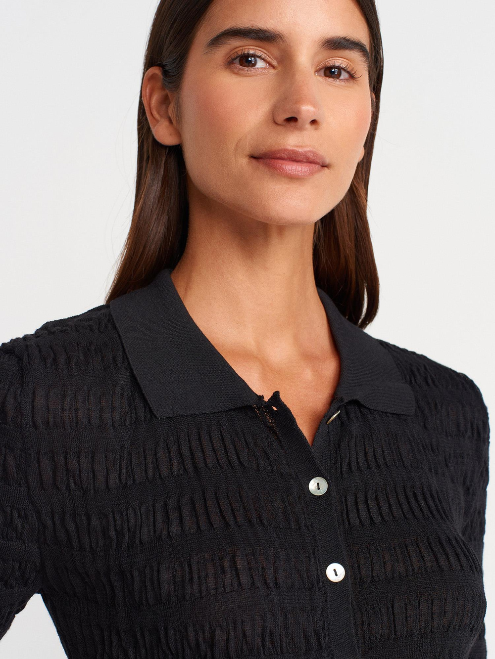 Wholesale Womens Black Short-Sleeve Button-Up Textured Fine Knit Cardigan