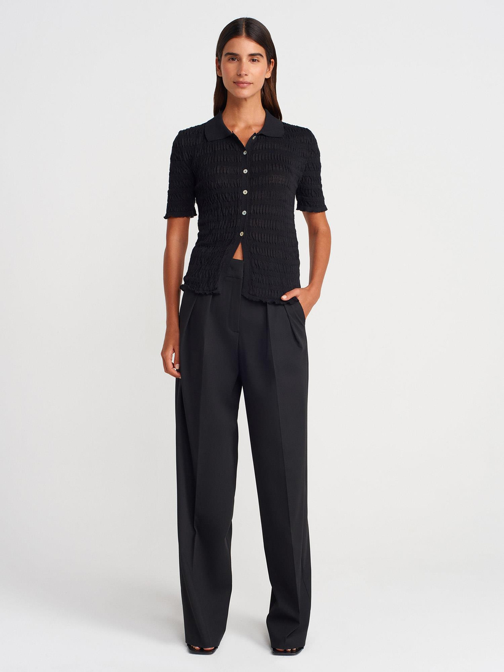 Wholesale Womens Black Short-Sleeve Button-Up Textured Fine Knit Cardigan