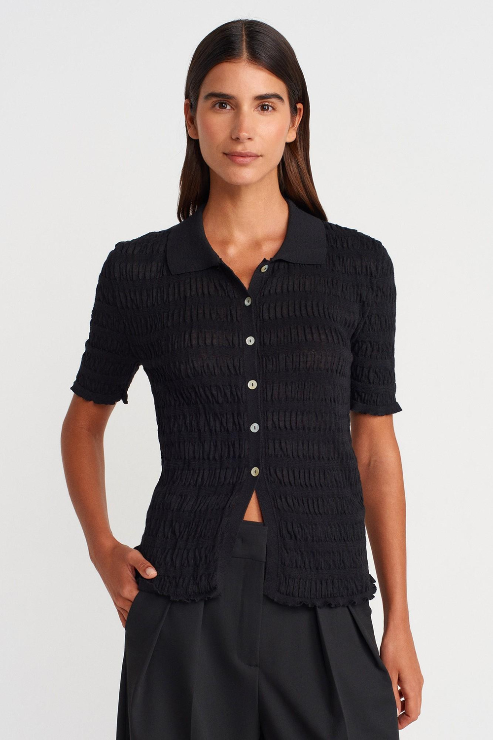 Wholesale Womens Black Short-Sleeve Button-Up Textured Fine Knit Cardigan