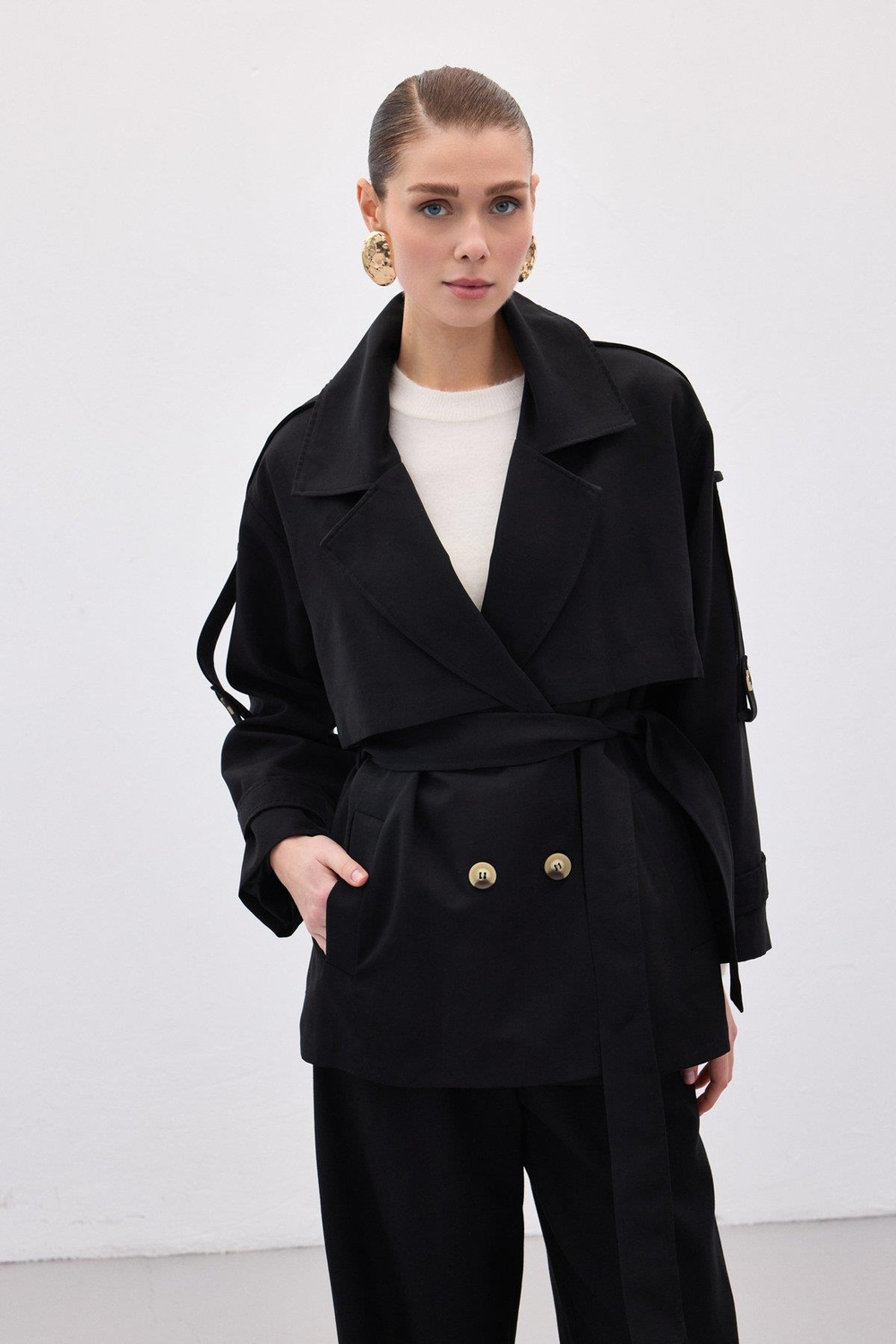 Wholesale Womens Black Short Trench Coat