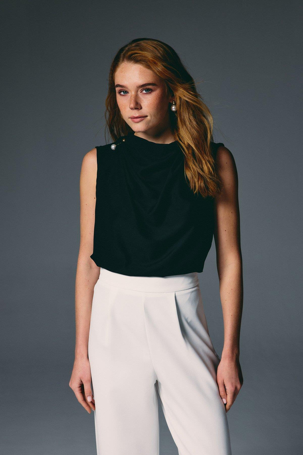 Wholesale Womens Black Sleeveless Blouse with Pearl Embellishment
