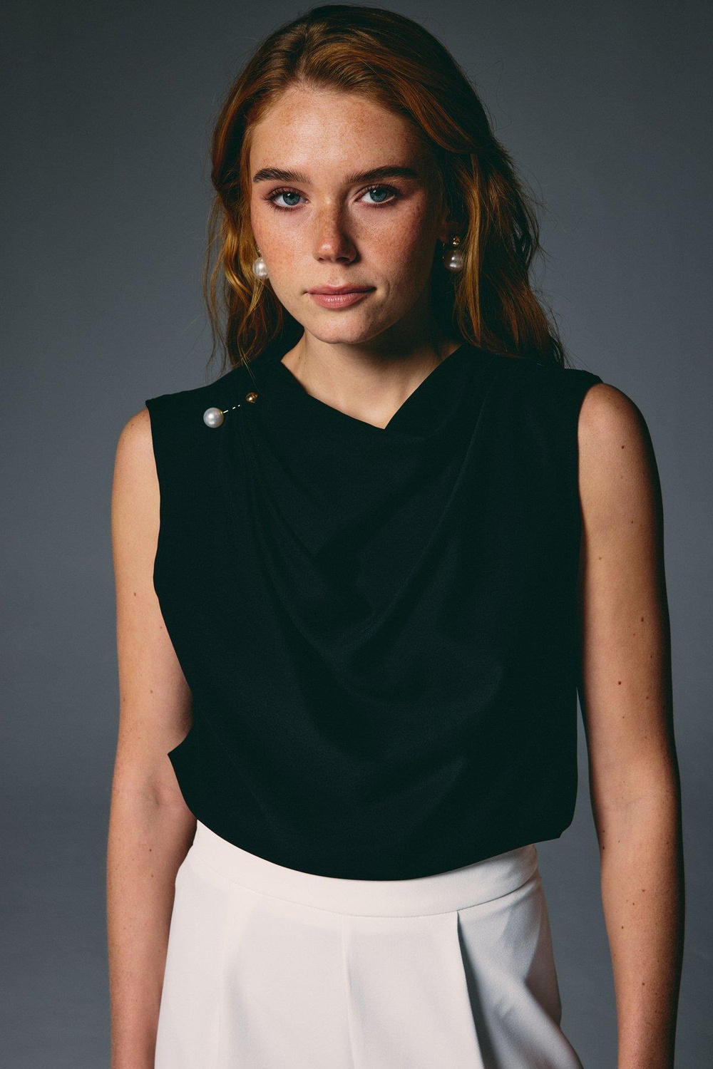 Wholesale Womens Black Sleeveless Blouse with Pearl Embellishment