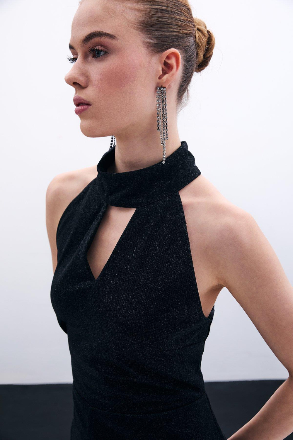 Wholesale Womens Black Sleeveless Mock-Neck Lurex Jumpsuit