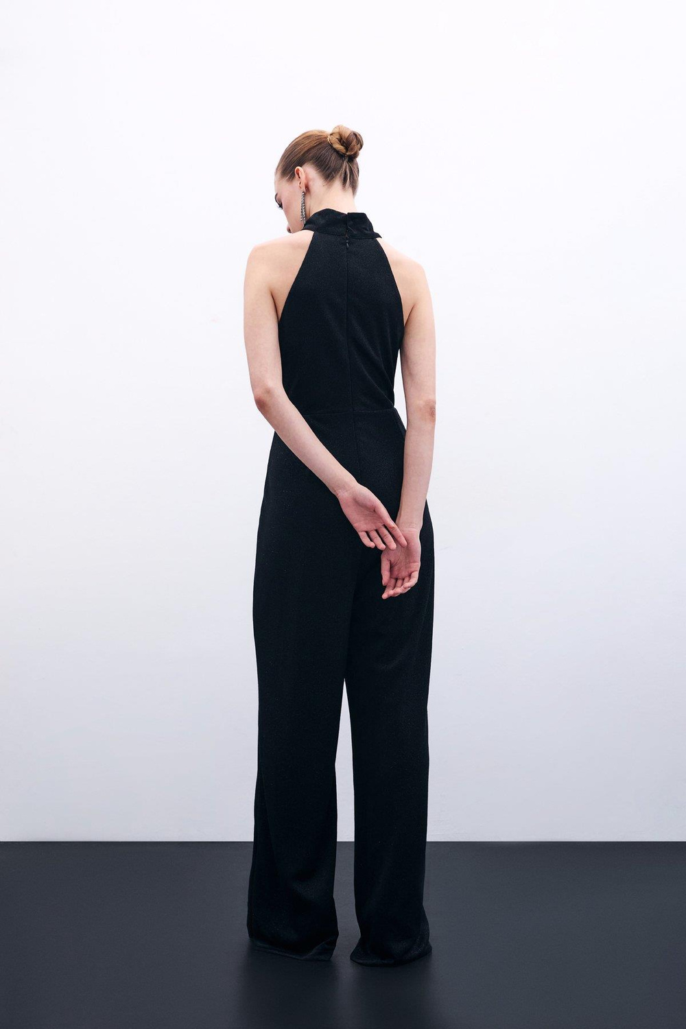 Wholesale Womens Black Sleeveless Mock-Neck Lurex Jumpsuit