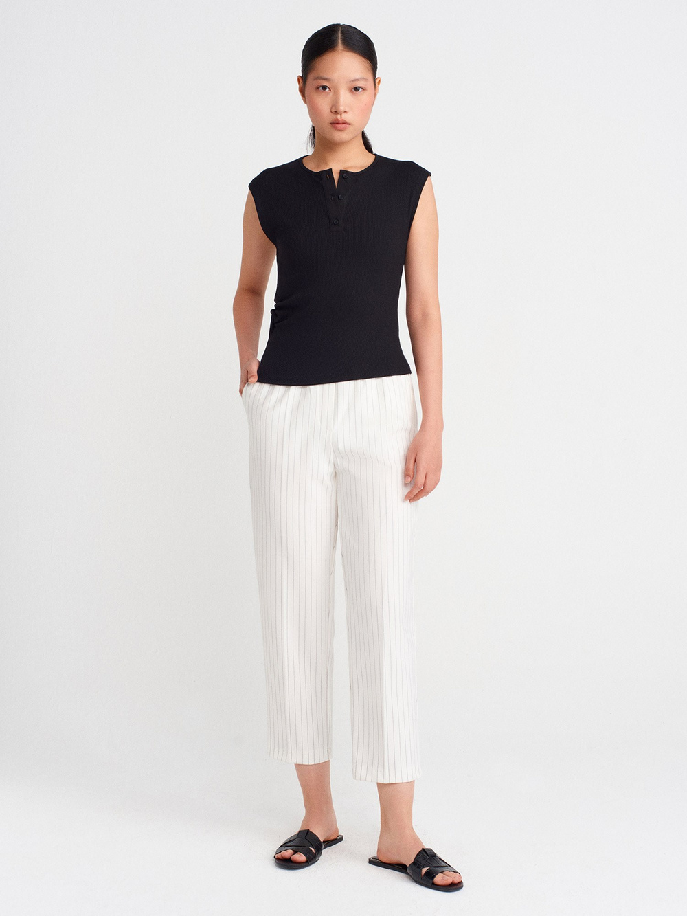 Wholesale Womens Black Sleeveless Top with Button-Up Half Placket