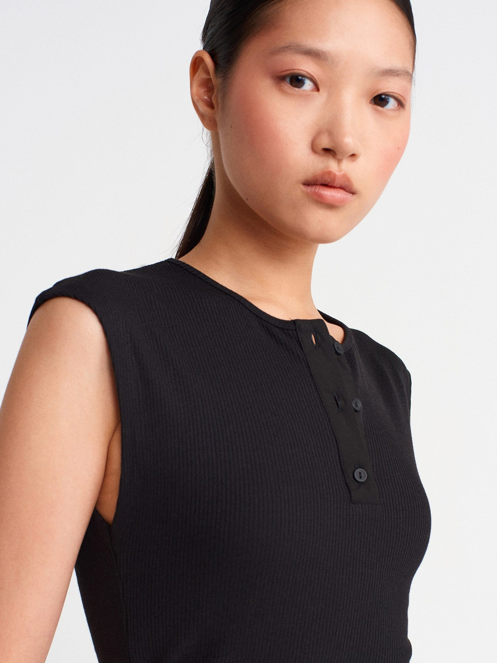 Wholesale Womens Black Sleeveless Top with Button-Up Half Placket