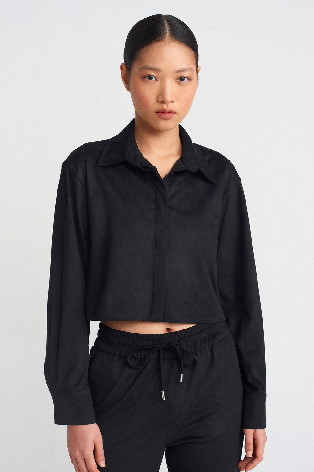 Wholesale Womens Black Suede Crop Shirt