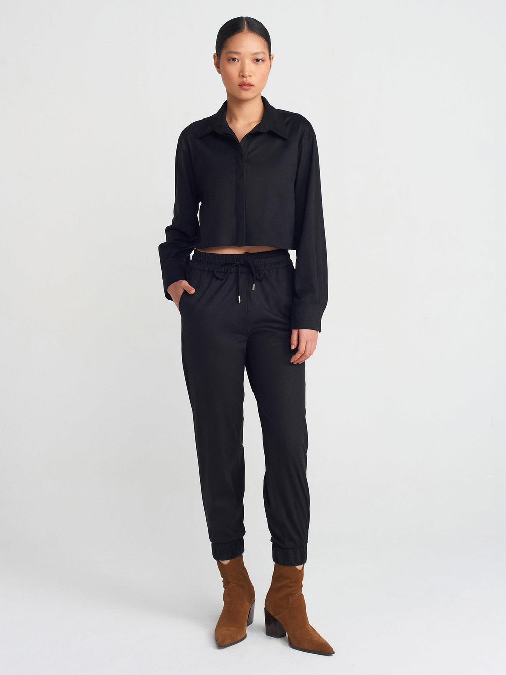 Wholesale Womens Black Suede Crop Shirt