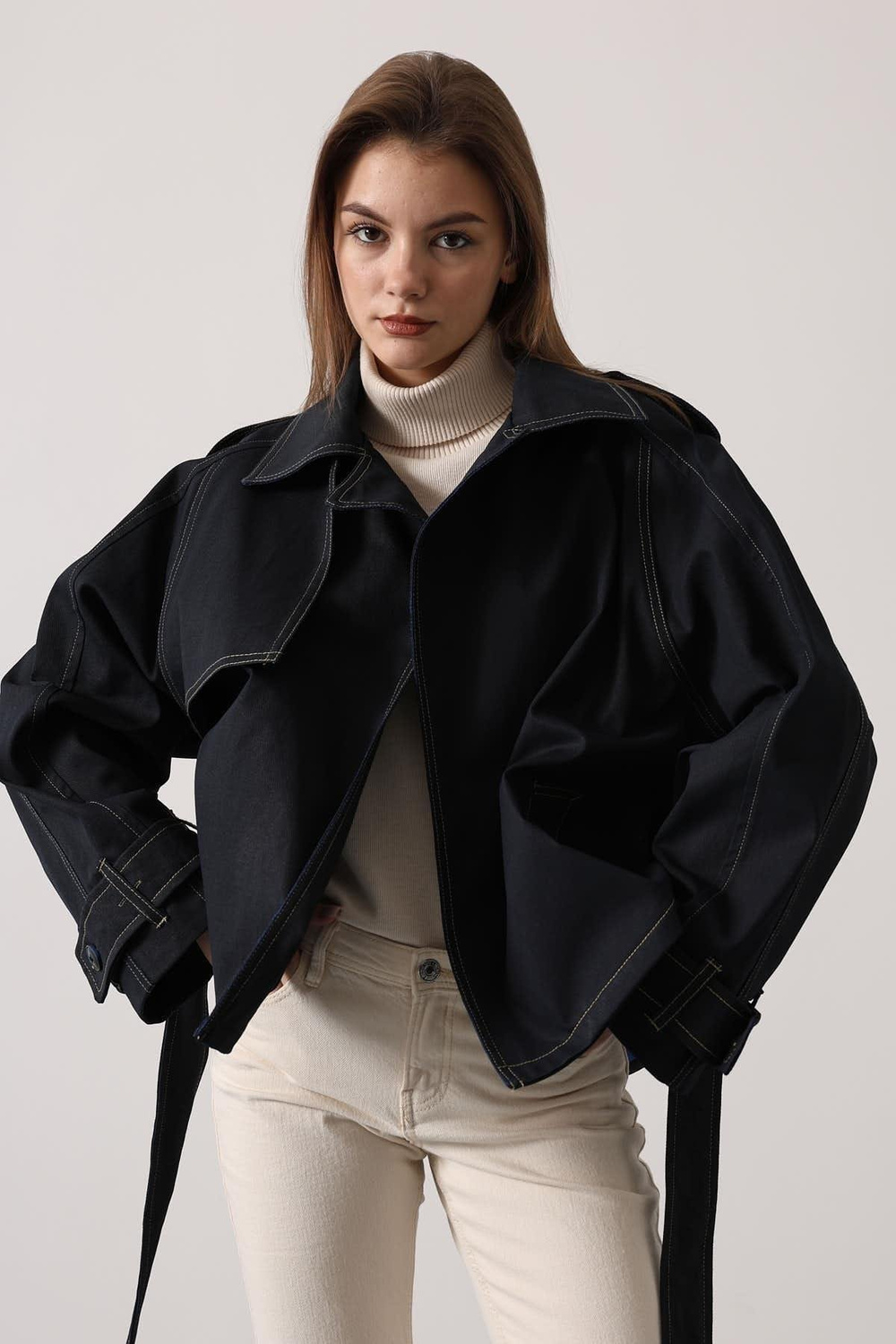 Wholesale Womens Black Washed Effect Denim Jacket with Belt