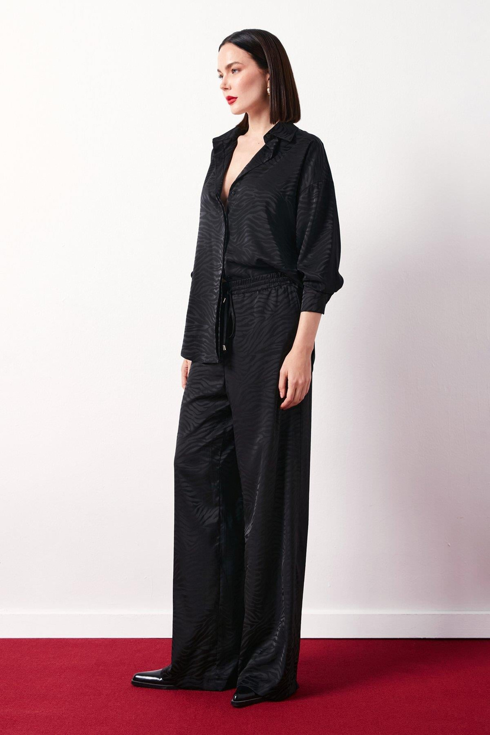 Wholesale Womens Black Zebra Patterned Trousers with Elastic Waist