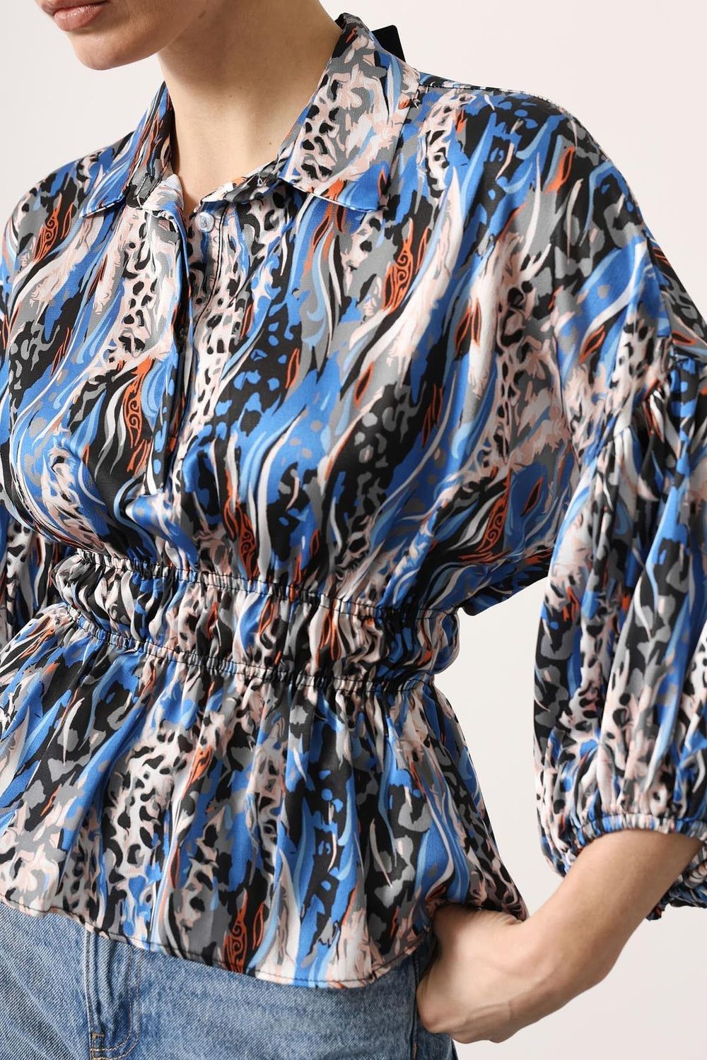 Wholesale Womens Blue Satin Shirt with Gathered Elastic Waist and Half Placket