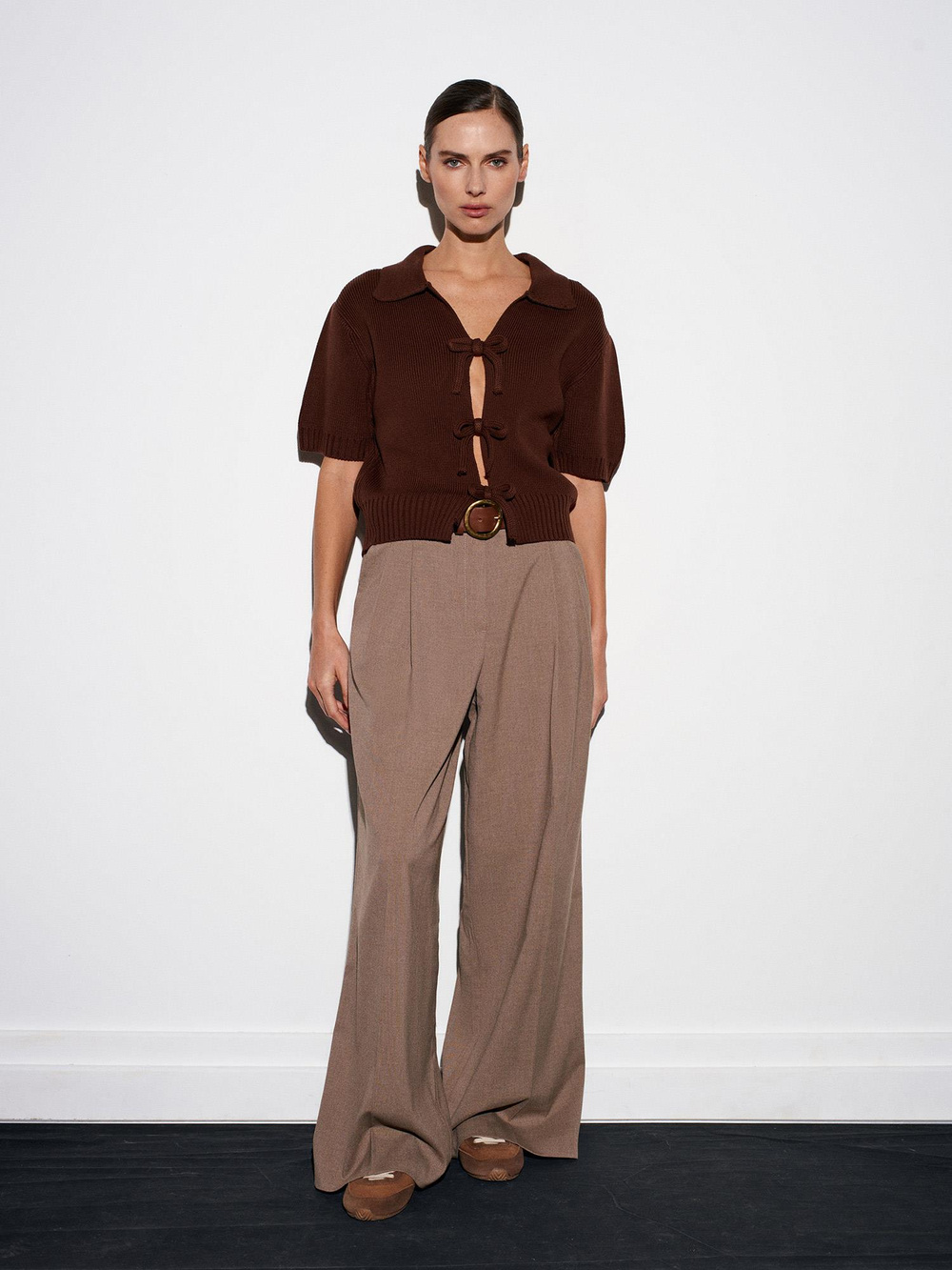 Wholesale Womens Brown Bow-Tie Knit Cardigan