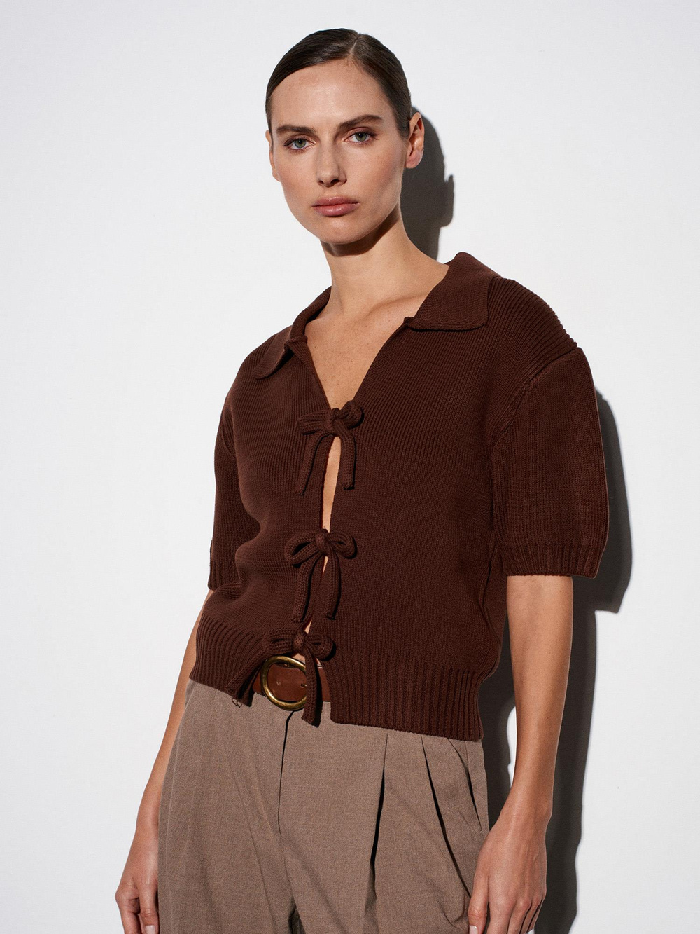 Wholesale Womens Brown Bow-Tie Knit Cardigan