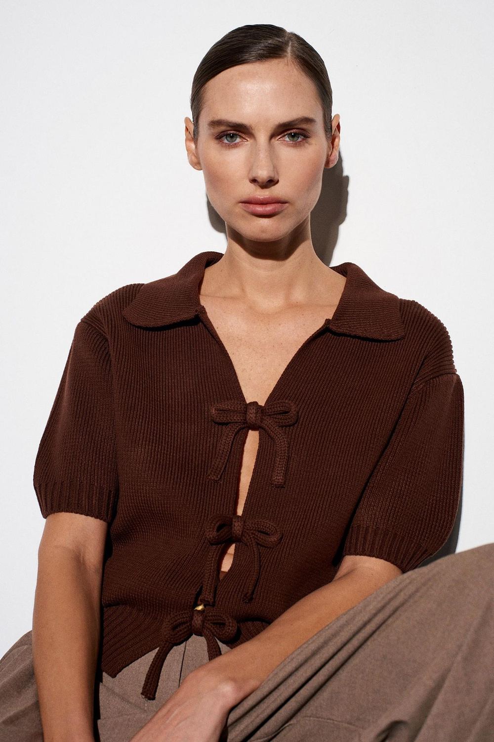 Wholesale Womens Brown Bow-Tie Knit Cardigan