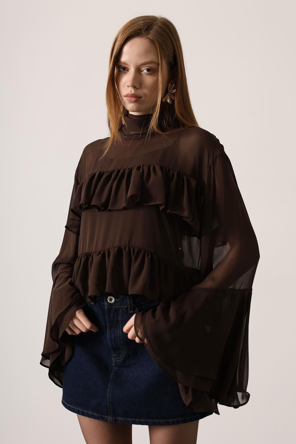 Wholesale Womens Brown Chiffon Draped Long-Sleeve Blouse