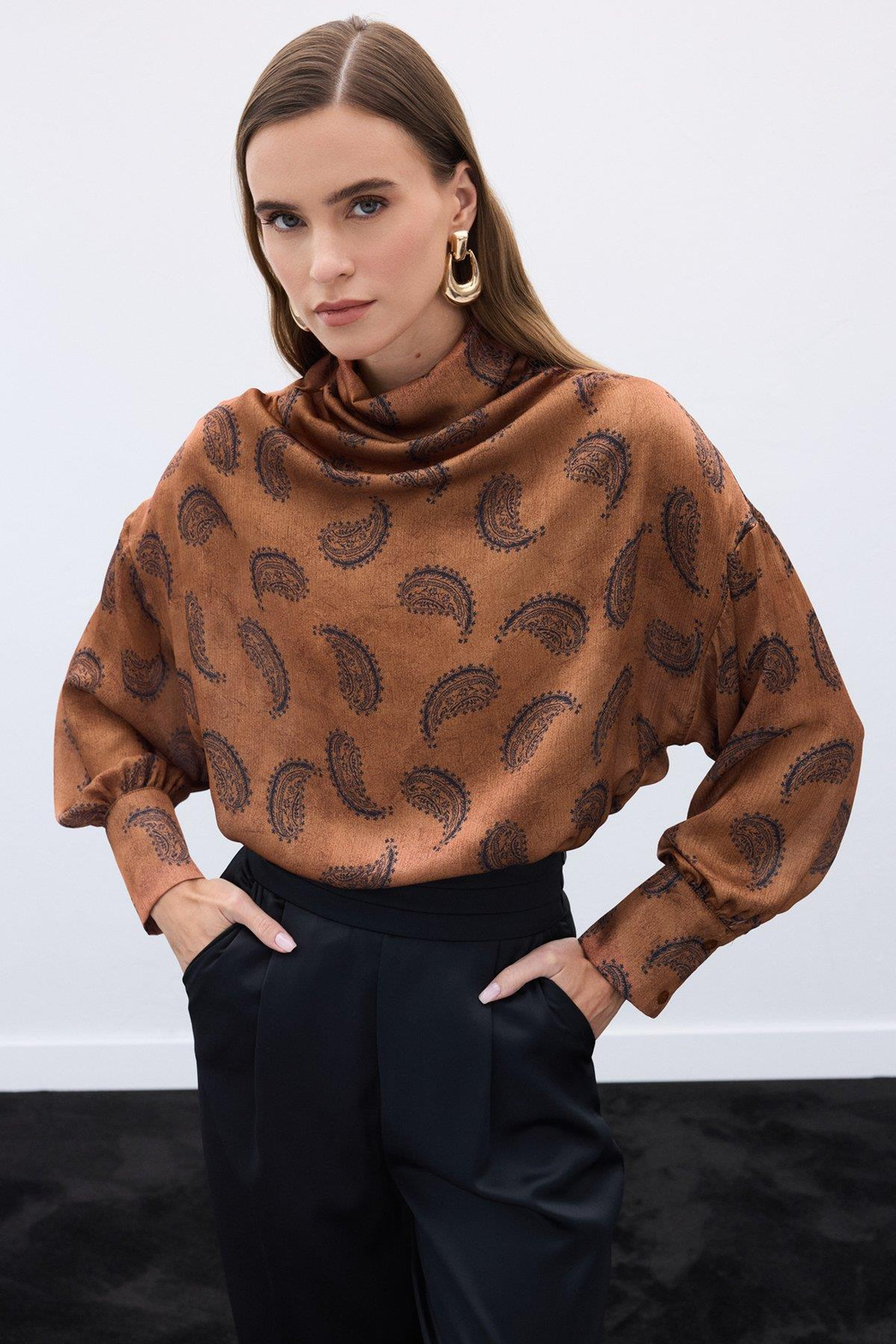 Wholesale Womens Brown Cowl-Neck Patterned Blouse