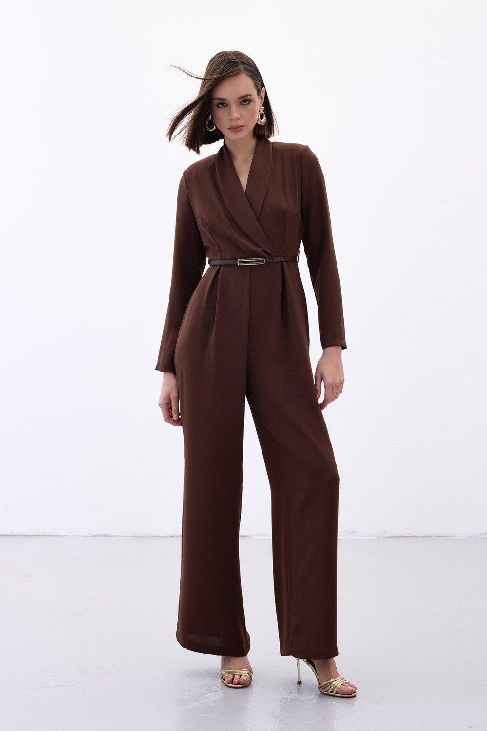 Wholesale Womens Brown Crepe Jumpsuit with Belt