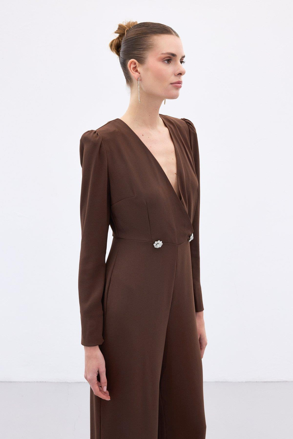 Wholesale Womens Brown Crepe Jumpsuit with Rhinestone Accessories