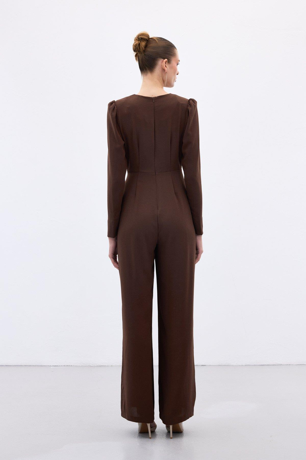 Wholesale Womens Brown Crepe Jumpsuit with Rhinestone Accessories